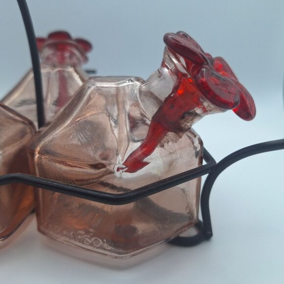 Parasol Triple Hummingbird Feeder Pink Glass Metal Holder Hanging Vintage Flower - Picture 9 of 10